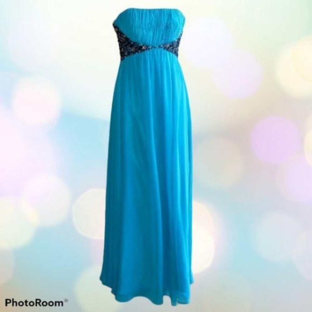 ALYCE DESIGNS Blue Formal Strapless Beaded Chiffon Floor Length Gown
